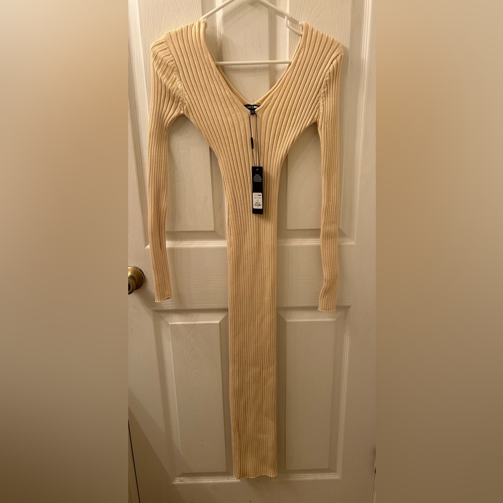 Fashion Nova Cream Ribbed Bodycon Dress Long Sleeve